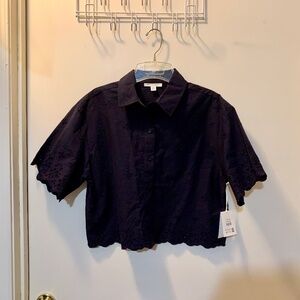 Free Assembly Navy Blue Cropped Eyelet Front Button Down Top - Size M 8-10 - NWT